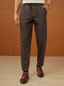 GENTILAND 男士素色腰部抽繩長褲 - 棕色 - 查看 2