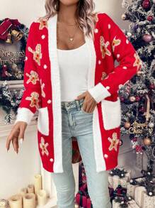 SHEIN LUNE Christmas Bear Pattern Dual Pocket Contrast Trim Dual Pocket Cardigan For New Year Clothes - Red - View 3