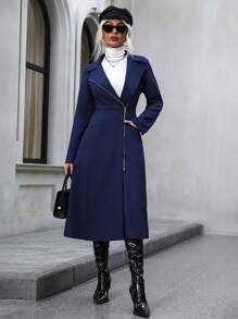 SHEIN LUNE Zip Up Slant Pocket Longline Coat - Navy Blue - View 1