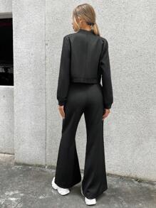 GENKIRA Zip Up Jaqueta Crop & Calças Perna Flare - Preto - Visão 2