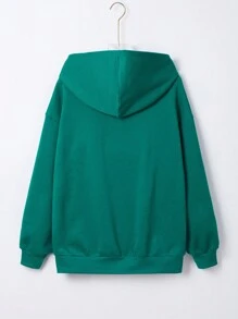 SHEIN 青少年女孩字母圖案袋鼠口袋落肩袖連帽衫 - 綠色 - 查看 2