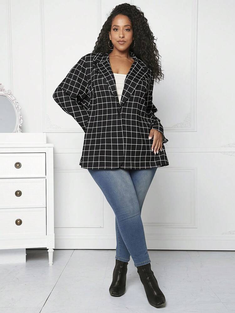 Plus Grid Print Lapel Neck Blazer