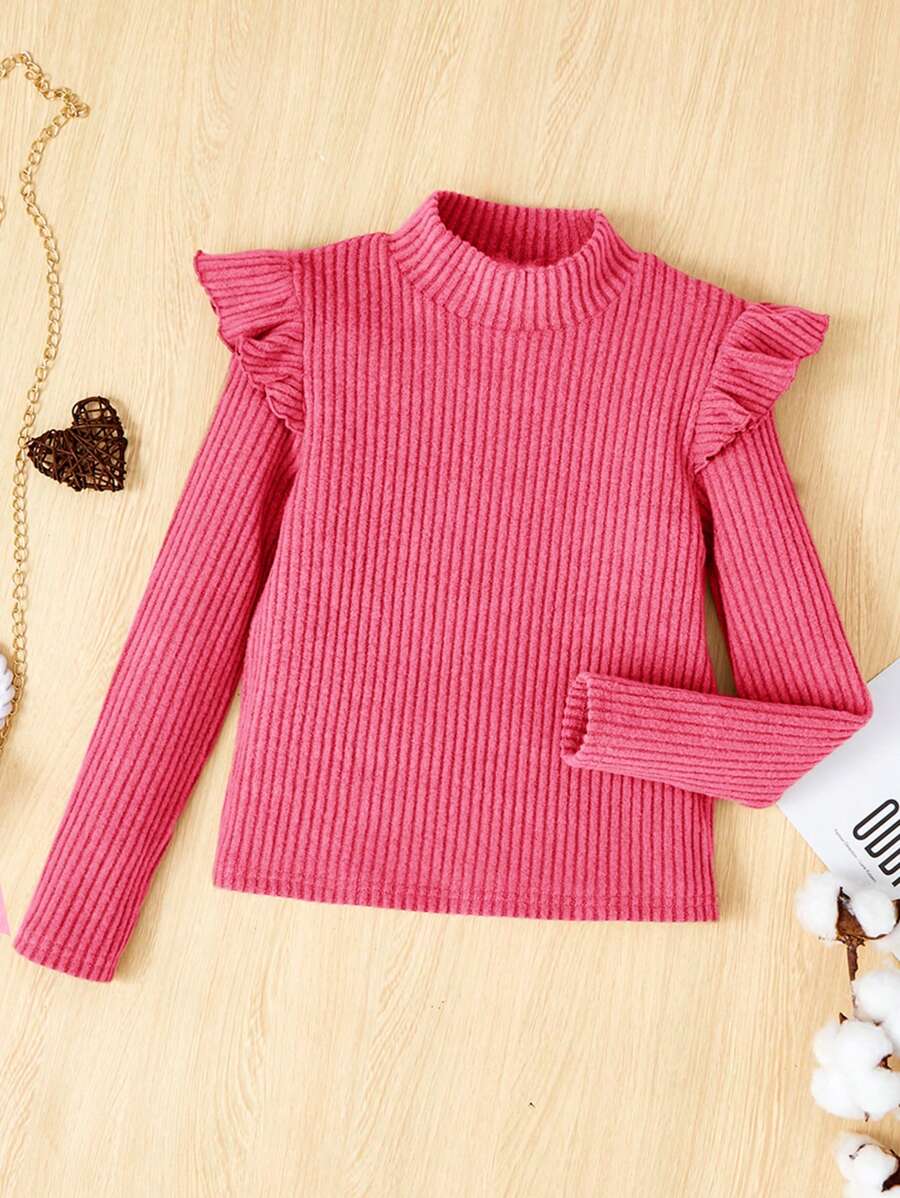 SHEIN 女大童荷葉邊小高領T恤 - 玫紅色 - 查看 1