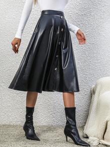 Chiquease 高腰單排釦PU皮革喇叭半身裙 - 黑色 - 查看 3