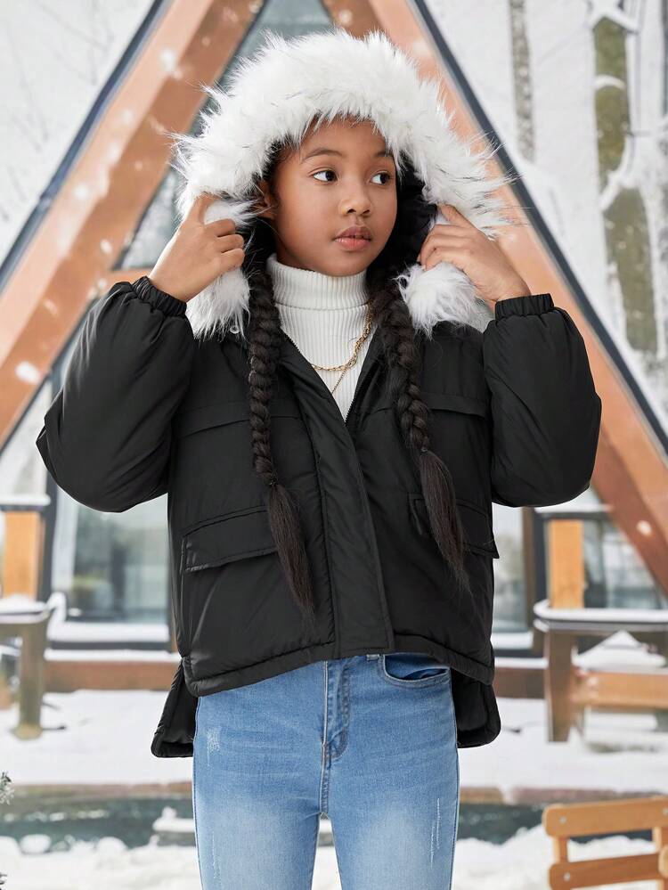 Tween Girl's Woven Patch Pocket Hand-Stuffed Thickened Hooded Jacket,In Fall/Winter