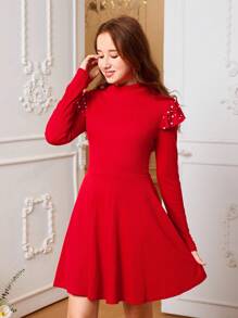 SHEIN 青少年女孩珍珠串珠小高領洋裝不附腰帶適用於聖誕 - 紅色 - 查看 5