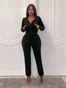 Slaydiva Solid Crop Velvet Top & Pants Set - Black - View 4