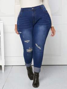 SHEIN CURVE+ Talla grande Jeans ajustados desgarro - Azul lavado oscuro - Ver 3