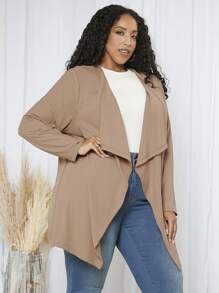 SHEIN CURVE+ 大码瀑布领开衫 - 卡其色 - 查看 6