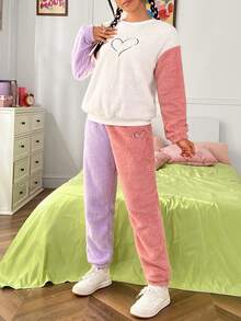 SHEIN EZwear Heart Embroidery Drop Shoulder Teddy Pullover & Pants - Multicolor - View 3