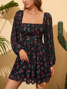 SHEIN WYWH Vestido con estampado de cereza de cuello cuadrado de manga farol - Multicolor - Ver 5