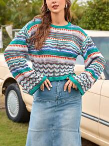 Soleia Geo Pattern Drop Shoulder Sweater - Multicolor - View 4