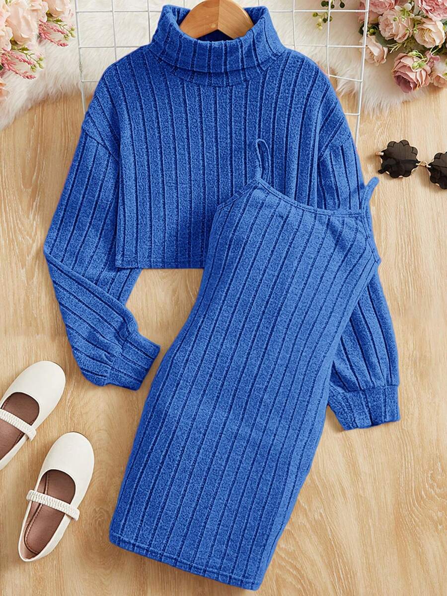 SHEIN 女大童高領落肩袖上衣&吊帶洋裝 - 寶藍色 - 查看 1