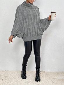 SHEIN Frenchy Turtleneck Batwing Sleeve Button Detail Sweater - Grey - View 3