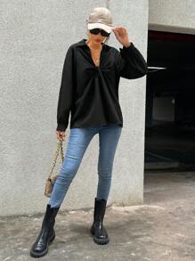 Aveloria Solid Twist Front Blouse - Black - View 6