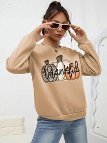 INAWLY Áo nỉ tay rớt vai in hình bí ngô, áo nỉ mùa thu. - Màu Khaki - Xem 5