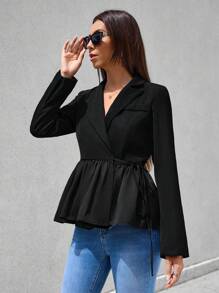Aveloria Lapel Neck Knot Side Wrap Peplum Blazer Fall Cloth For Women - Black - View 6