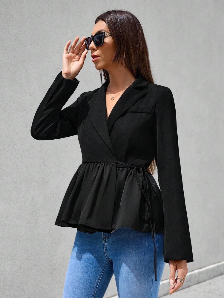 Lapel Neck Knot Side Wrap Peplum Blazer Fall Cloth For Women