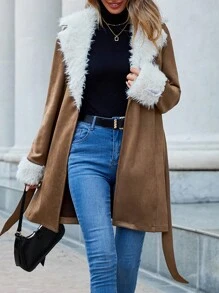 SHEIN Clasi 羊絨領口腰帶外套 - 棕色 - 查看 5