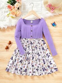 SHEIN Chica preadolescente Vestido con estampado de mariposa de cuello cuadrado - Púrpura malva - Ver 1