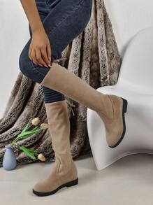 Women's Khaki Fashionable Slip-on Mid-calf Boots With Low Heels, Round Toe And Back Lace-up Design - Khaki - View 3