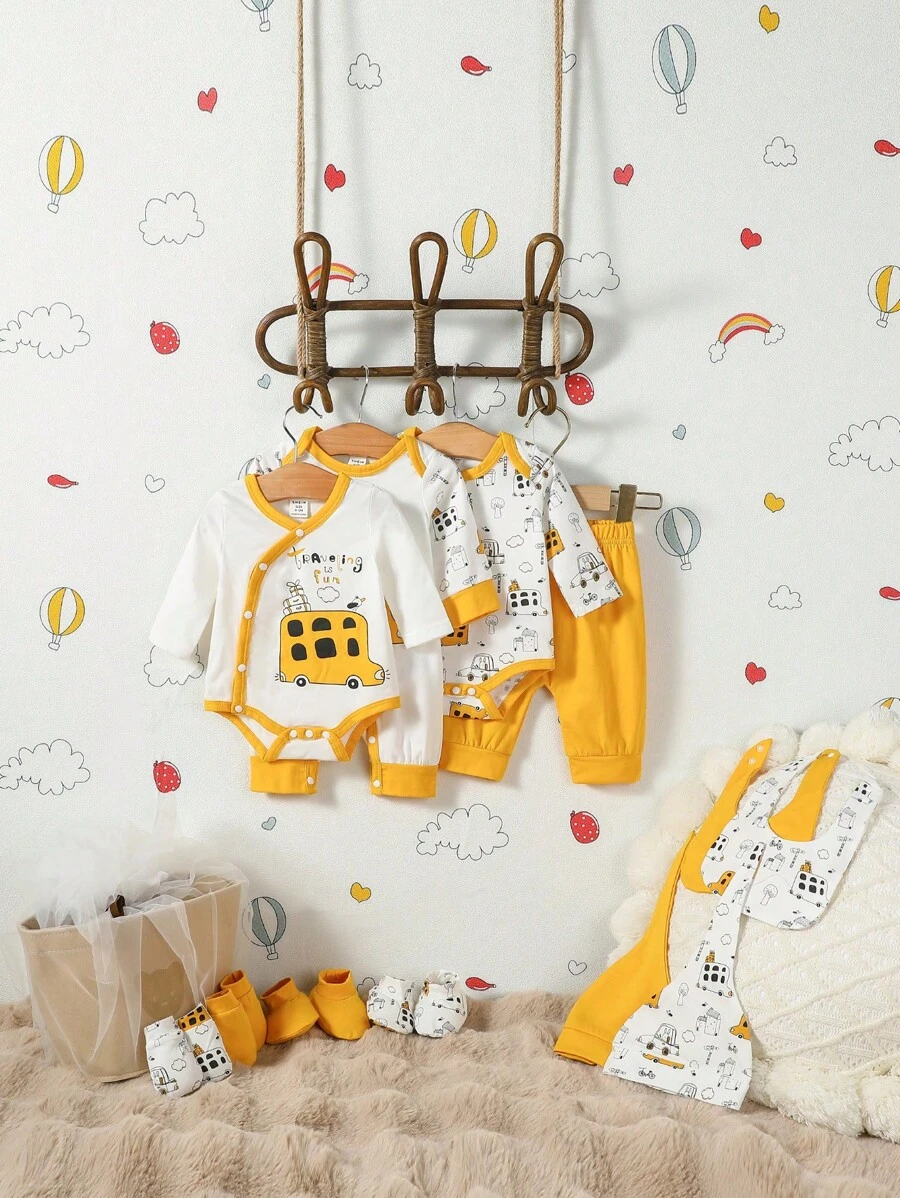 SHEIN Baby Boy 17pcs Cartoon Graphic Bodysuit & Jumpsuit & Pants & Hats & Bibs & Socks & Gloves Gift Set - Multicolor - View 1