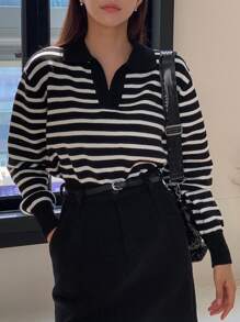 Striped Pattern Drop Shoulder Sweater - Black and White - View 4