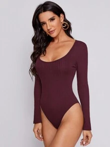 SHEIN Essnce 大圓領羅紋針織T恤連體衣 - 酒紅色 - 查看 5