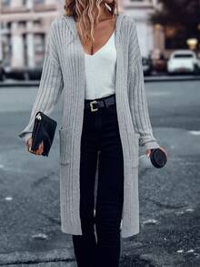 SHEIN LUNE 雙口袋落肩袖連帽開襟開衫 - 淺灰色 - 查看 7