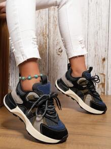 Women's Sneakers,Women's Thick-Soled Chunky Shoes Splicing-Colored Thick-Soled Chunky Shoes Versatile Outdoor Casual Sports Shoes - Black - View 1