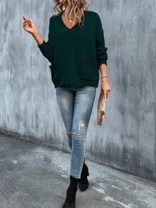 SHEIN LUNE 素色落肩袖V領套頭毛衣 - 墨綠色 - 查看 6