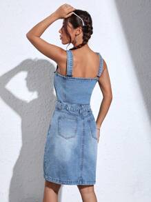 SHEIN EZwear Flap Detail Pocket Side Cami Denim Dress - Medium Wash - View 6