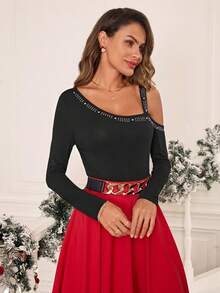 SHEIN Clasi Cổ không đối xứng Rhinestone Chi tiết Áo thun - màu đen - Xem 5