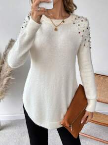 SHEIN LUNE Faux Pearls Beaded Raglan Sleeve Curved Hem Knit Pullover Fall Winter Sweater - White - View 5
