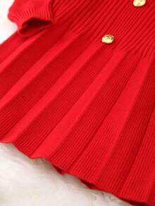 Baby Girl Button Front Pleated Sweater Dress - Red - View 3