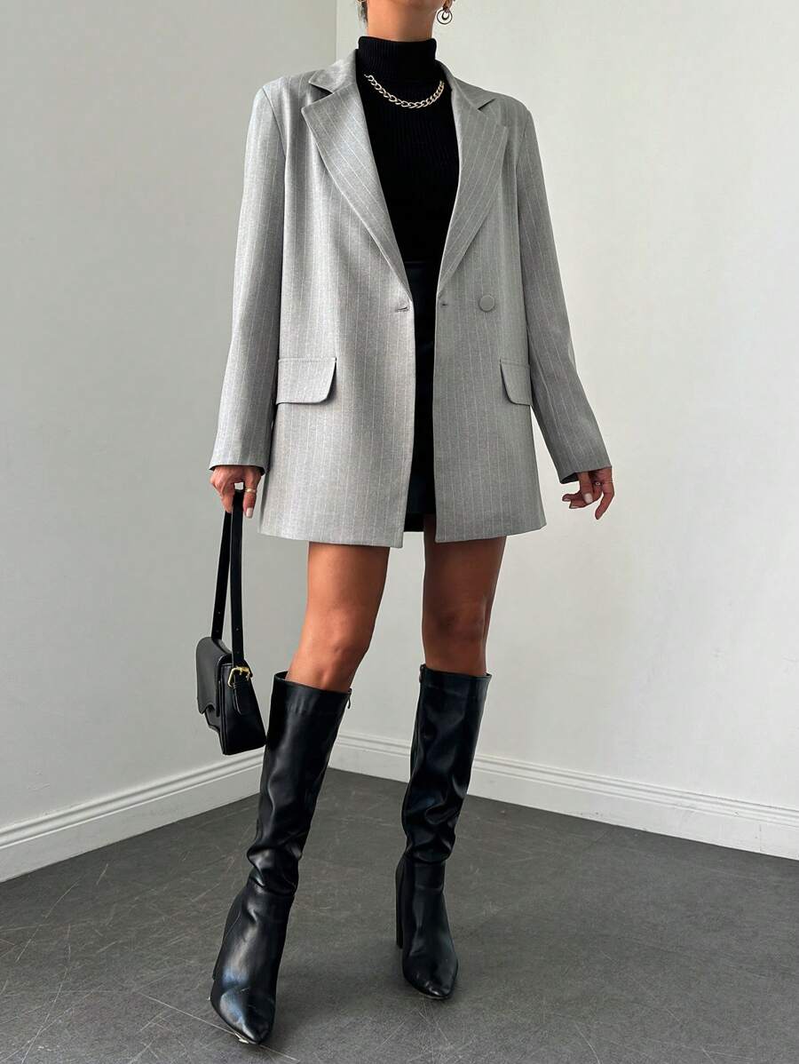 EURMUSE Striped Print Double Button Blazer - Grey - View 1