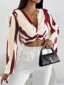 SHEIN PETITE 圖案印花前扭結短款襯衫 - 紅白色 - 查看 6