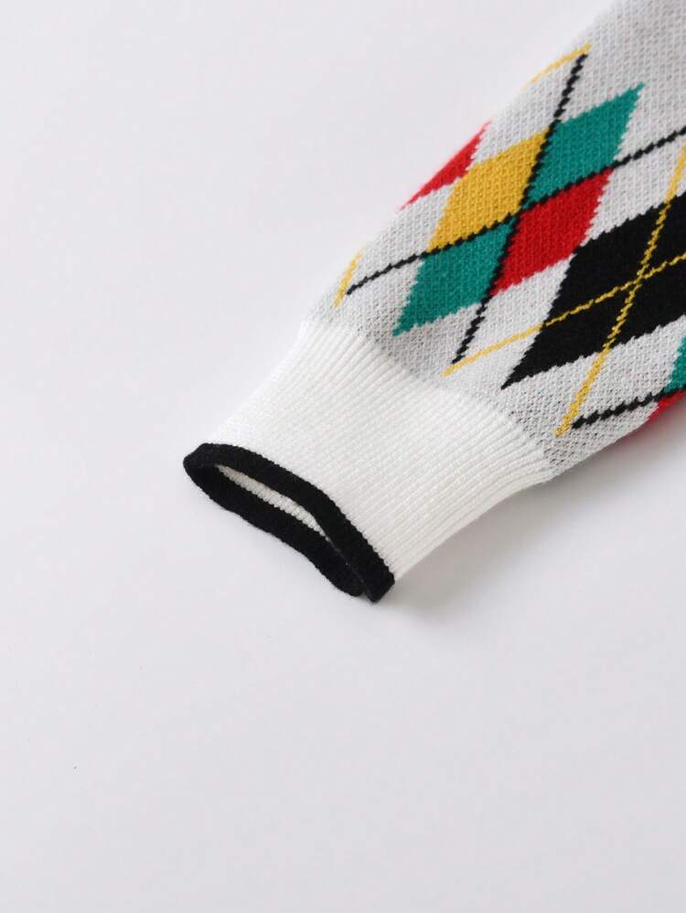 Tween Girl Argyle Pattern Contrast Trim Sweater