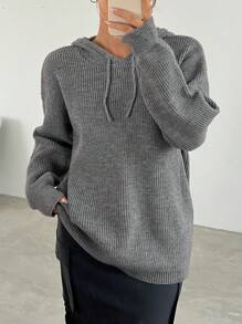 SHEIN EZwear Pull Épaule tombante À Cordon À Capuche - Gris - Voir 7