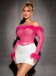 SHEIN SXY Fuzzy Trim Off Shoulder Fuzzy Trim Asymmetrical Hem Mesh Top