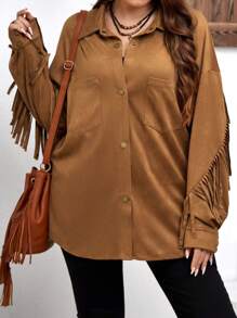 EMERY ROSE Plus Fringe Trim Drop Shoulder Jacket - Brown - View 1