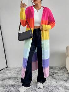 SHEIN Unity Colorblock Drop Shoulder Hooded Duster Cardigan - Multicolor - View 7