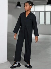 SHEIN Tween Boy Button Front Flap Detail Shirt Jumpsuit - Black - View 8