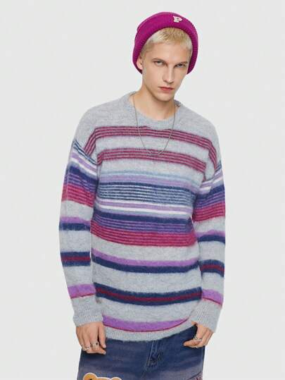 Street Life Men's Striped Drop Shoulder Round Neck Sweater
