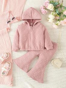 Baby Girl Zip Up Hooded Jacket & Flare Leg Pants - Baby Pink - View 1