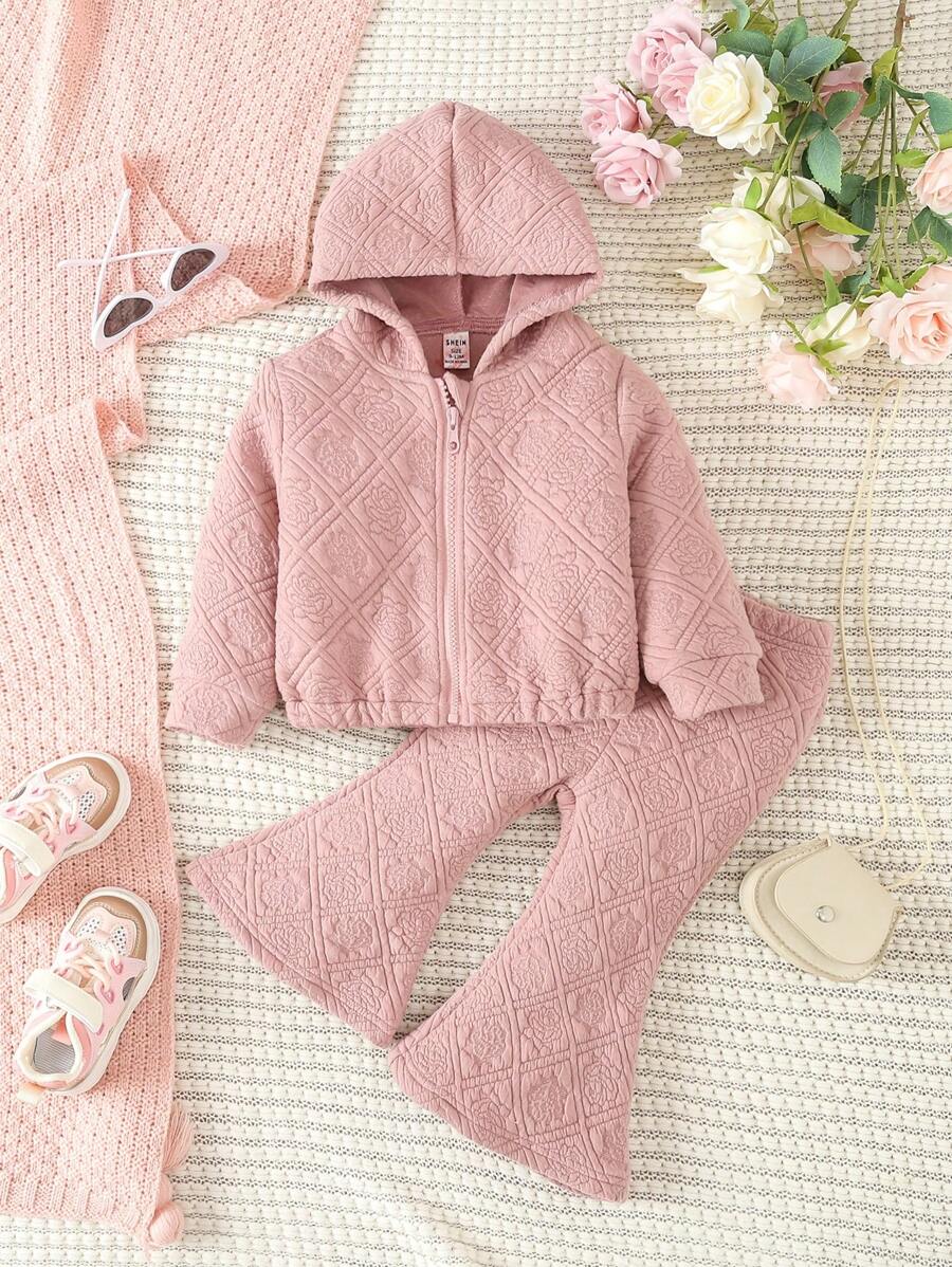 Baby Girl Zip Up Hooded Jacket & Flare Leg Pants - Baby Pink - View 1