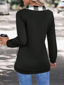 SHEIN LUNE 水牛格紋印花不對稱領套頭衫 - 黑色 - 查看 2