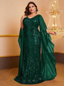 YISIKADO Plus Split Sleeve Sequin Formal Dress - Dark Green - View 5