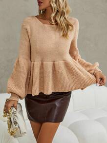 SHEIN Clasi Lantern Sleeve Peplum Hem Knit Pullover Fall Winter Sweater - Khaki - View 5