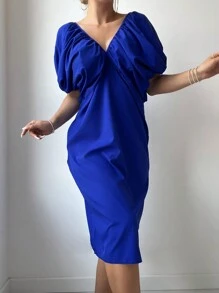 SHEIN Swim Solid Ruched Bust Puff Sleeve Dress - Royal Blue - View 3